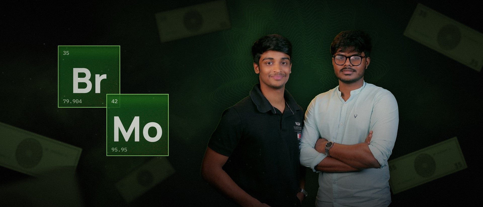 Akshay Muthu Shankar G and Anush, co-founders of Breaking Money, under green light beside Br and Mo periodic-table tiles