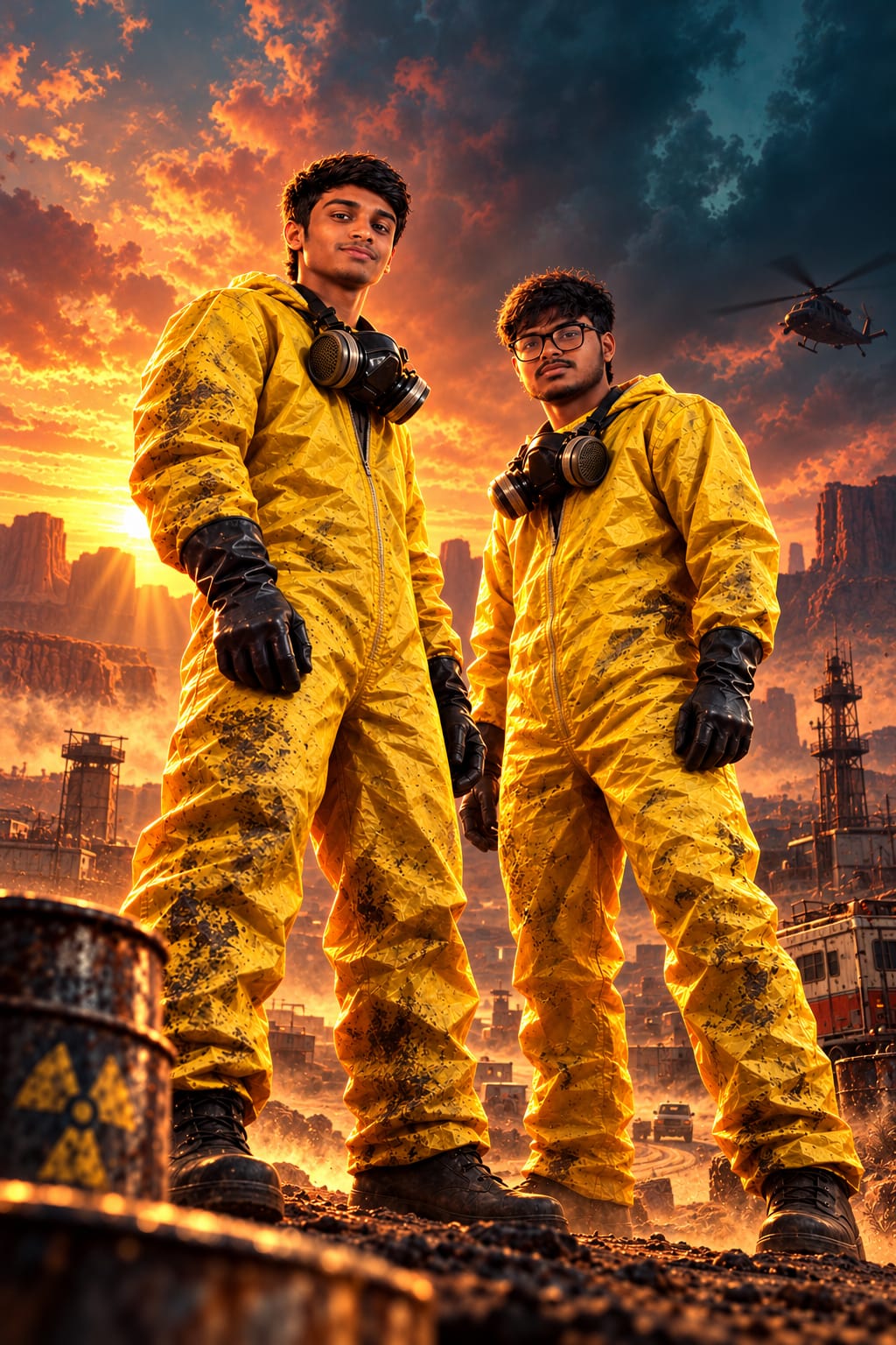 The Breaking Money duo in yellow hazmat suits